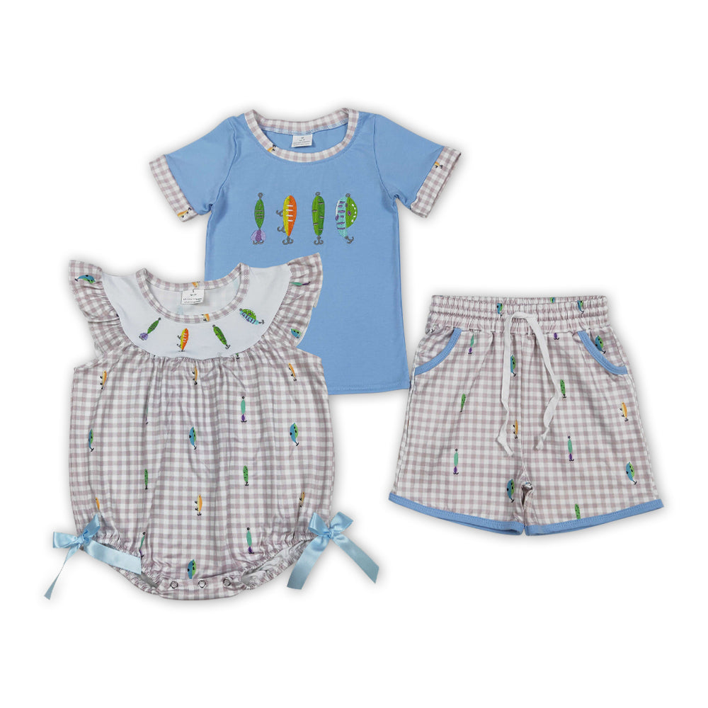 Fishhook Embroidery Plaid Boys Summer Matching Clothes Brothers Wear