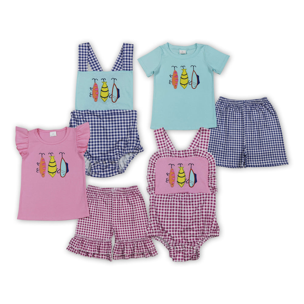 Fishhook Embroidery Plaid Print Kids Summer Matching Clothes Sibling Wear