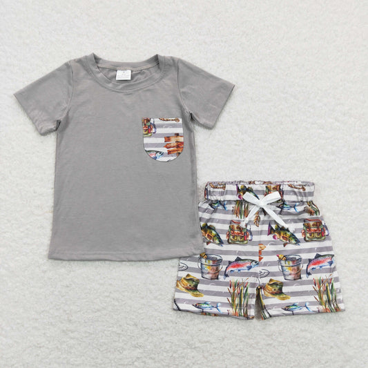 BSSO0481  Grey Pocket Top Fish Shorts Boys Summer Clothes Set