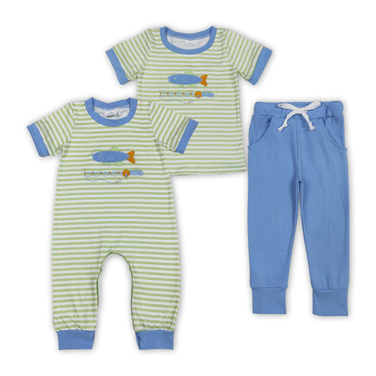 Fishing Embroidery Stripes Boys Matching Clothes Brothers Wear
