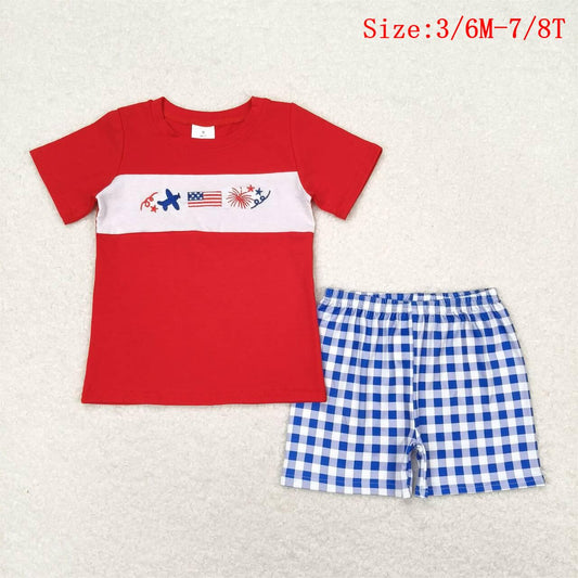 BSSO0584 Plane Flag Fireworks Embroidery Top Blue Plaid Boys 4th of July Clothes Set