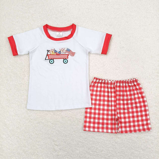 BSSO0618 Flag Embroidery Top Red Shorts Boys 4th of July Clothes Set