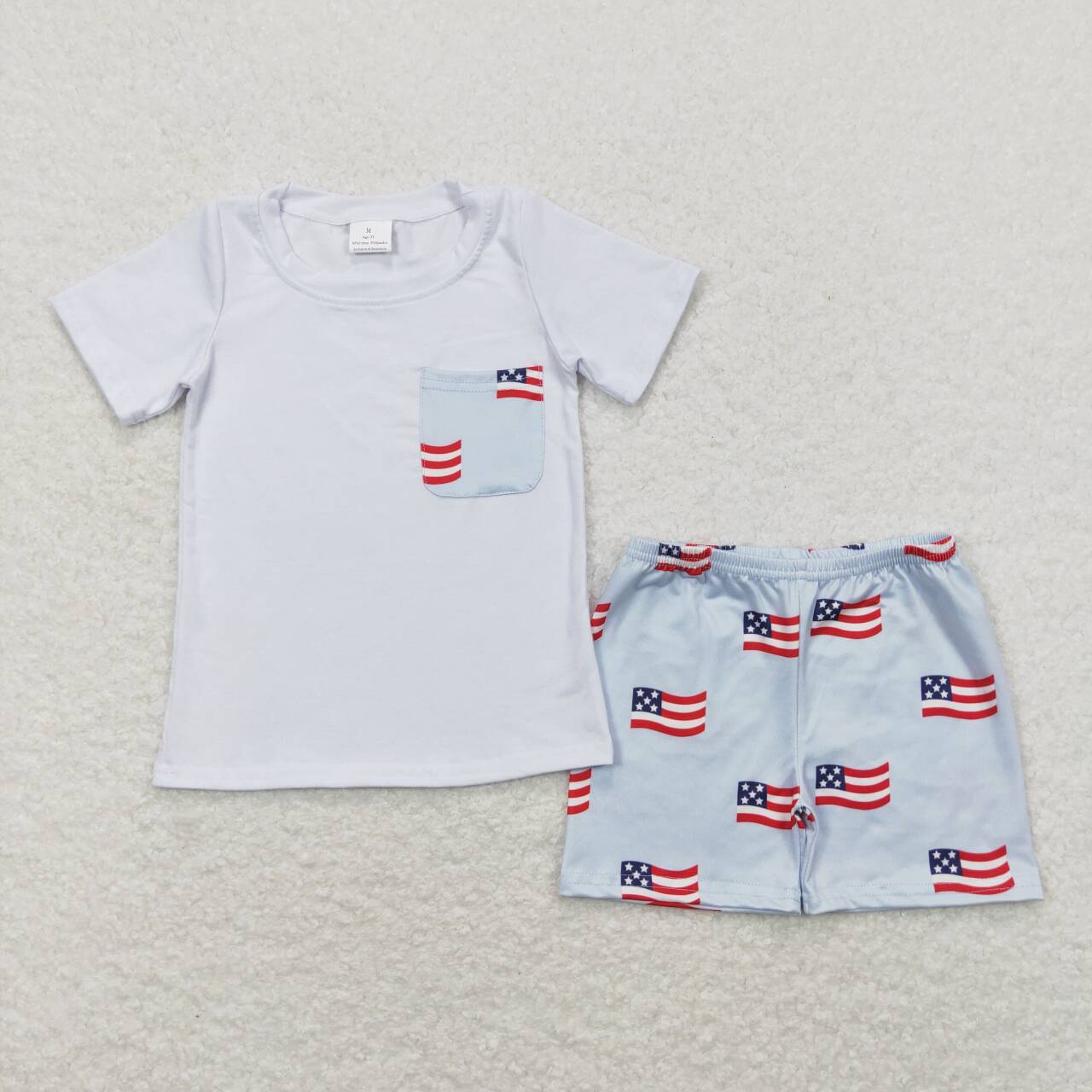 BSSO0642 White Pocket Top Flags Shorts Boys 4th of July Clothes Set
