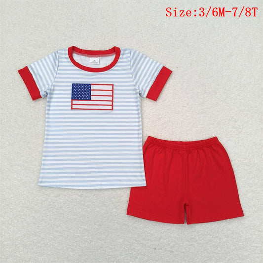 BSSO0684  Flag Embroidery Top Red Shorts Boys 4th of July Clothes Set