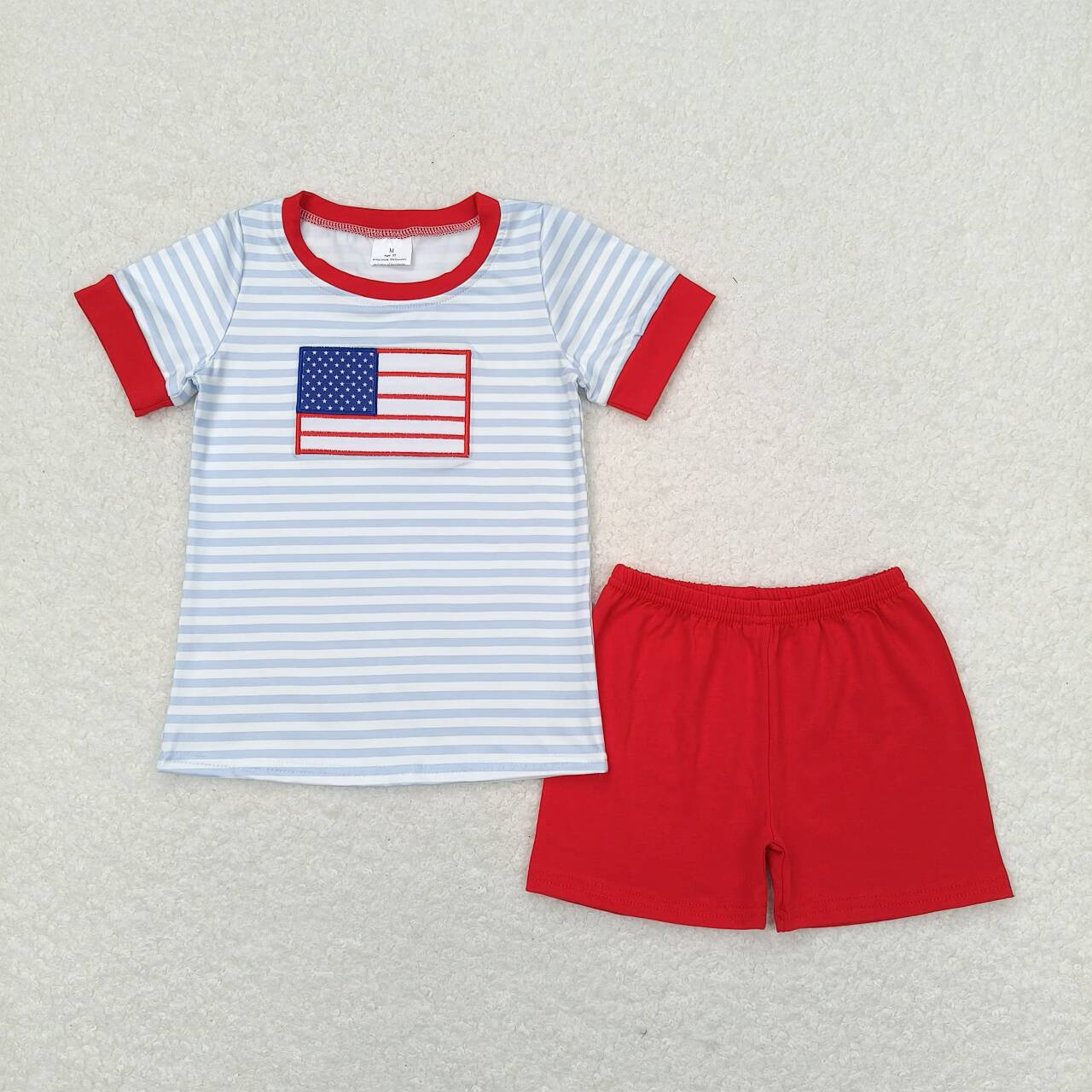 BSSO0684  Flag Embroidery Top Red Shorts Boys 4th of July Clothes Set