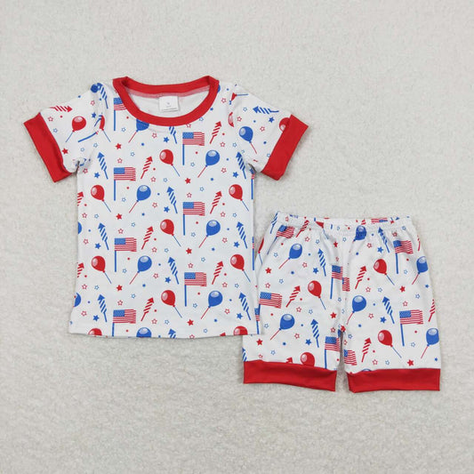 BSSO0707  Balloon Flags Print Boys 4th of July Pajamas Clothes Set