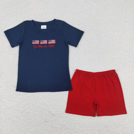 BSSO0713  Flags Embroidery Navy Top Red Shorts Boys 4th of July Clothes Set