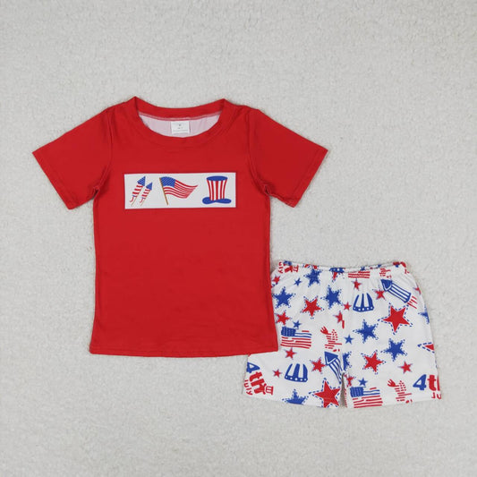 BSSO0726  Fireworks Flag Hat Print Red Top Boys 4th of July Clothes Set