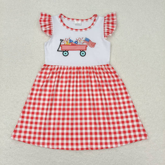 GSD0843 Flag Embroidery Red Plaid Print Girls 4th of July Knee Length Dress