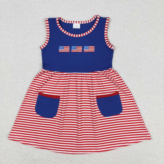 GSD0930 Flags Embroidery Pockets Girls 4th of July Knee Length Dress