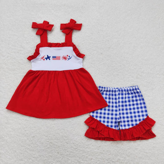 GSSO0611 Plane Flag Fireworks Embroidery Tunic Top Plaid Shorts Girls 4th of July Clothes Set