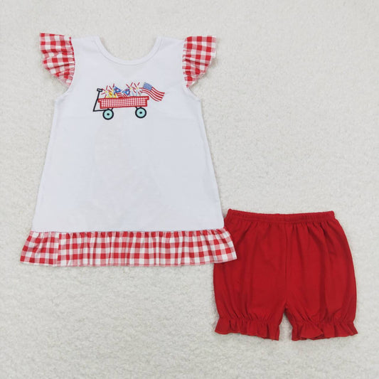 GSSO0662 Flag Embroidery Top Red Shorts Girls 4th of July Clothes Set