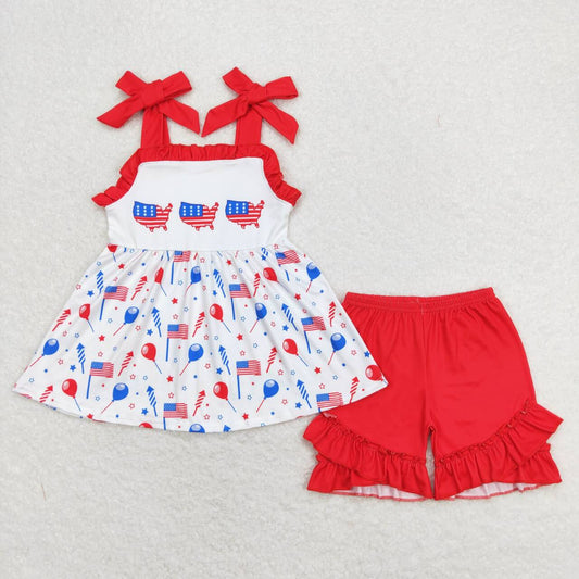 GSSO0679 Flag Tunic Strap Top Red Shorts Girls 4th of July Clothes Set