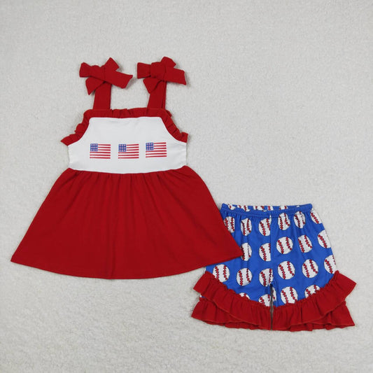 GSSO0736  Flags Red Strap Tunic Top Baseball Shorts Girls Summer Clothes Set