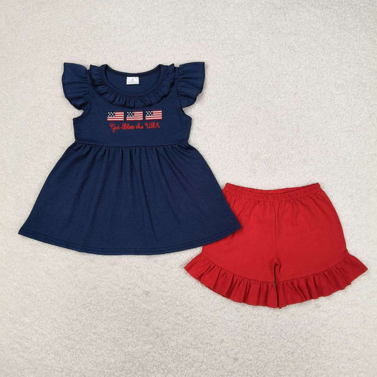 GSSO0805  Flags Embroidery Navys Top Red Shorts Girls 4th of July Clothes Set