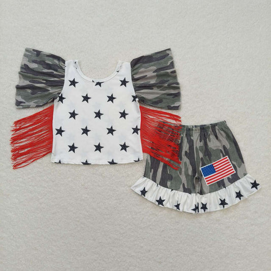 GSSO0918  Camo Stars Tassel Top Flags Shorts Girls 4th of July Clothes Set