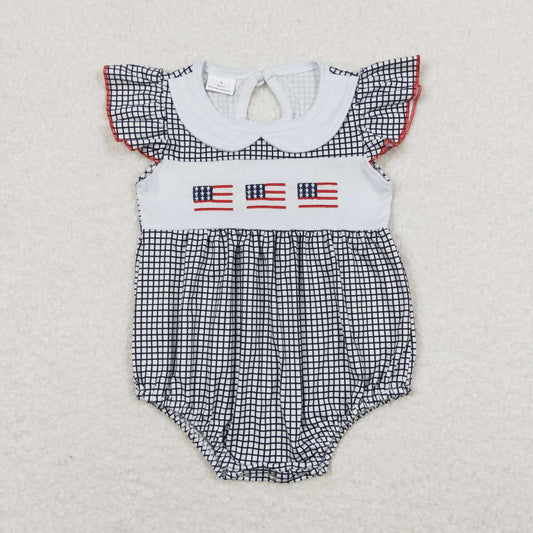 SR1000  Flag Embroidery Plaid Baby Girls 4th of July Romper