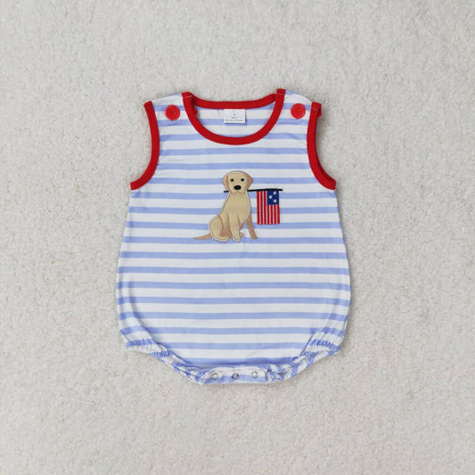 SR1080 Dog Flag Embroidery Stripes Baby Boys 4th of July Romper