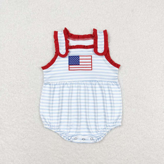 SR1210 Flag Embroidery Stripes Print Baby Girls 4th of July Romper
