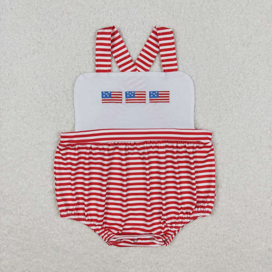 SR1212 Flags Embroidery Red Stripes Print Baby Boys 4th of July Bubble Romper
