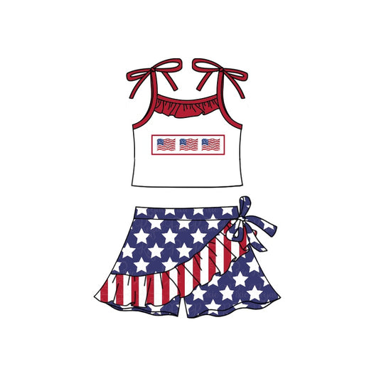 (Custom Design Preorder MOQ 5) Flags Print Girls 4th of July Ruffle Clothes Set