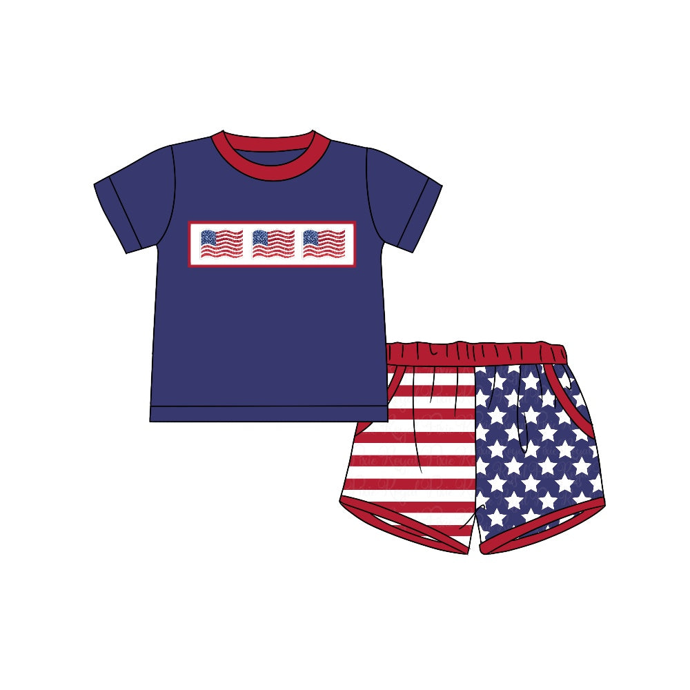 (Custom Design Preorder MOQ 5)  Flags Print Boys 4th of July Clothes Set