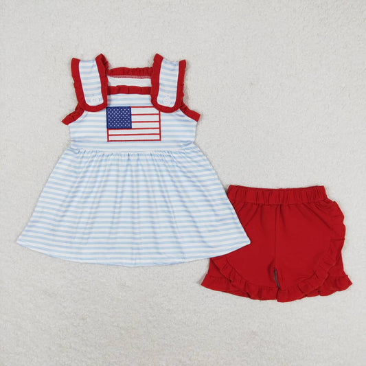 GSSO0755  Flags Embroidery Tunic Top Ruffle Shorts Girls 4th of July Clothes Set