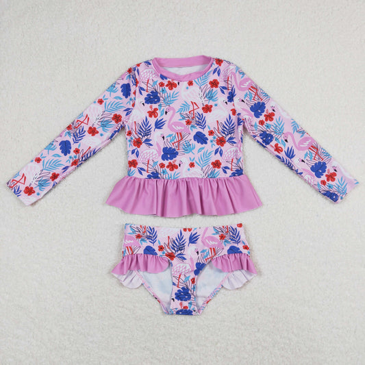 S0263 Pink Flamingo Print Girls 2 Pieces Long Sleeve Swimsuits