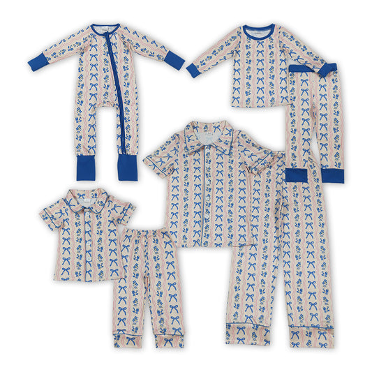 Flowers Bows Blue Print Family Matching Pajamas Clothes