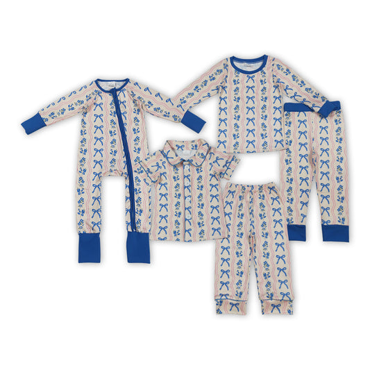 Flowers Bows Blue Print Girls Pajamas Clothes Sisters Matching Wear