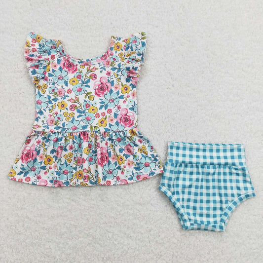GBO0257 Flowers Top Plaid Shorts Baby Girls Summer Bummie Set