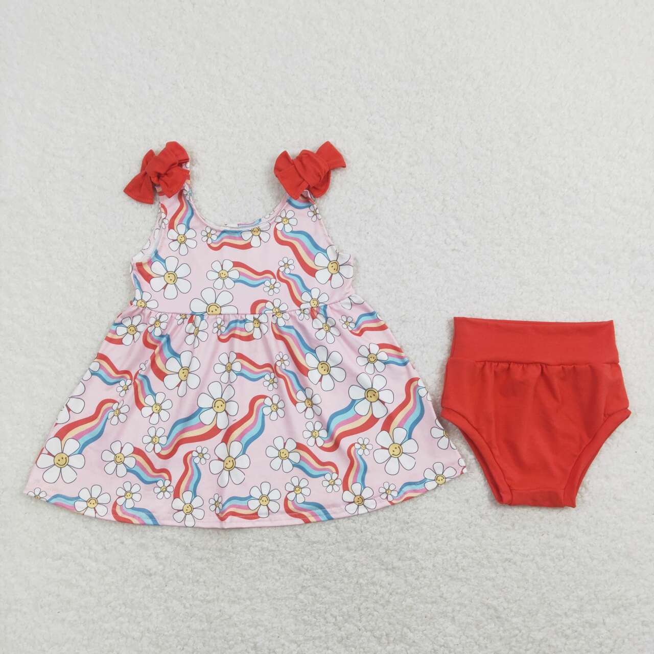 GBO0278 Flowers Smiling Face Print Baby Girls Summer Bummie Set