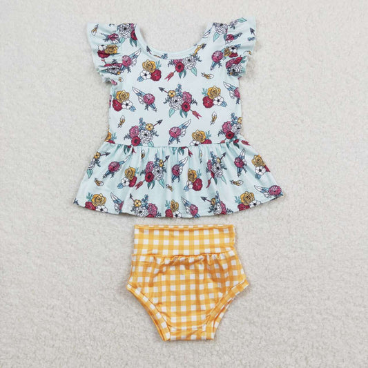 GBO0281 Flowers Print Top Yellow Shorts Baby Girls Summer Bummie Set