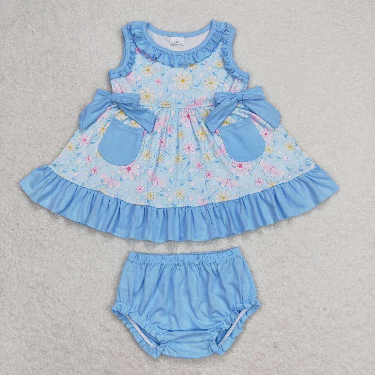 GBO0290 Flowers Pockets Tunic Top Blue Shorts Baby Girls Summer Bummie Set