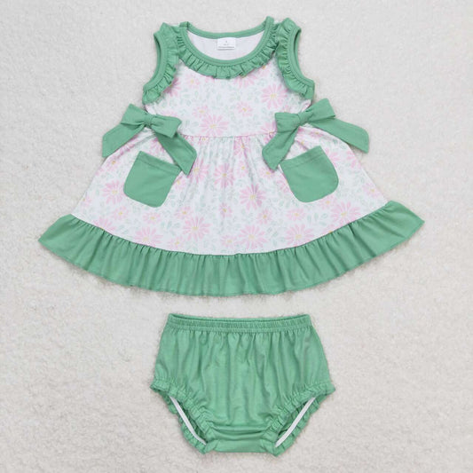 GBO0292 Green Flowers Print Tunic Top Baby Girls Summer Bummie Set