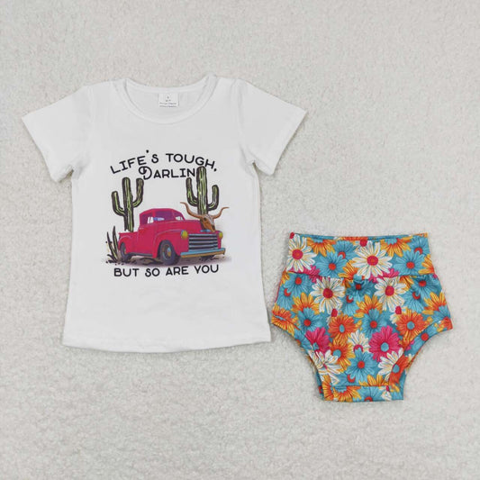 GBO0306 Cactus Car Cowgirl Top Flowers Shorts Baby Girls Summer Western Bummie Set