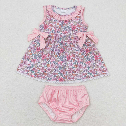 GBO0313 Pink Flowers Tunic Top Dots Shorts Baby Girls Summer Bummie Set