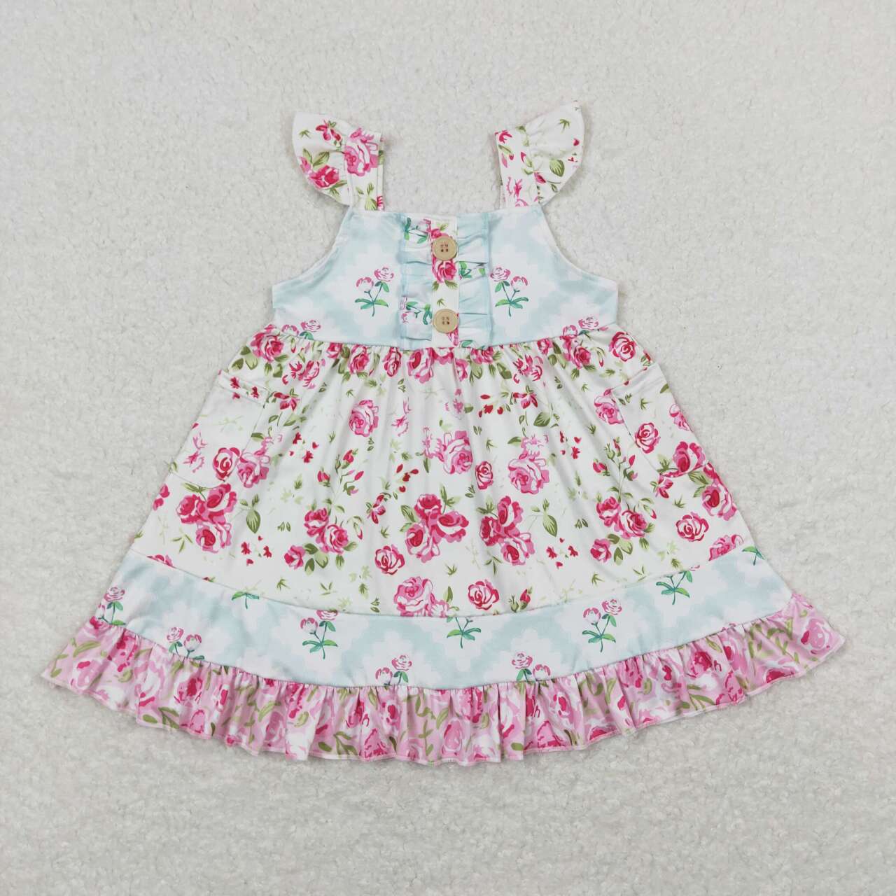 GSD0498 Pink Flowers Print Girls Summer Knee Length Dress