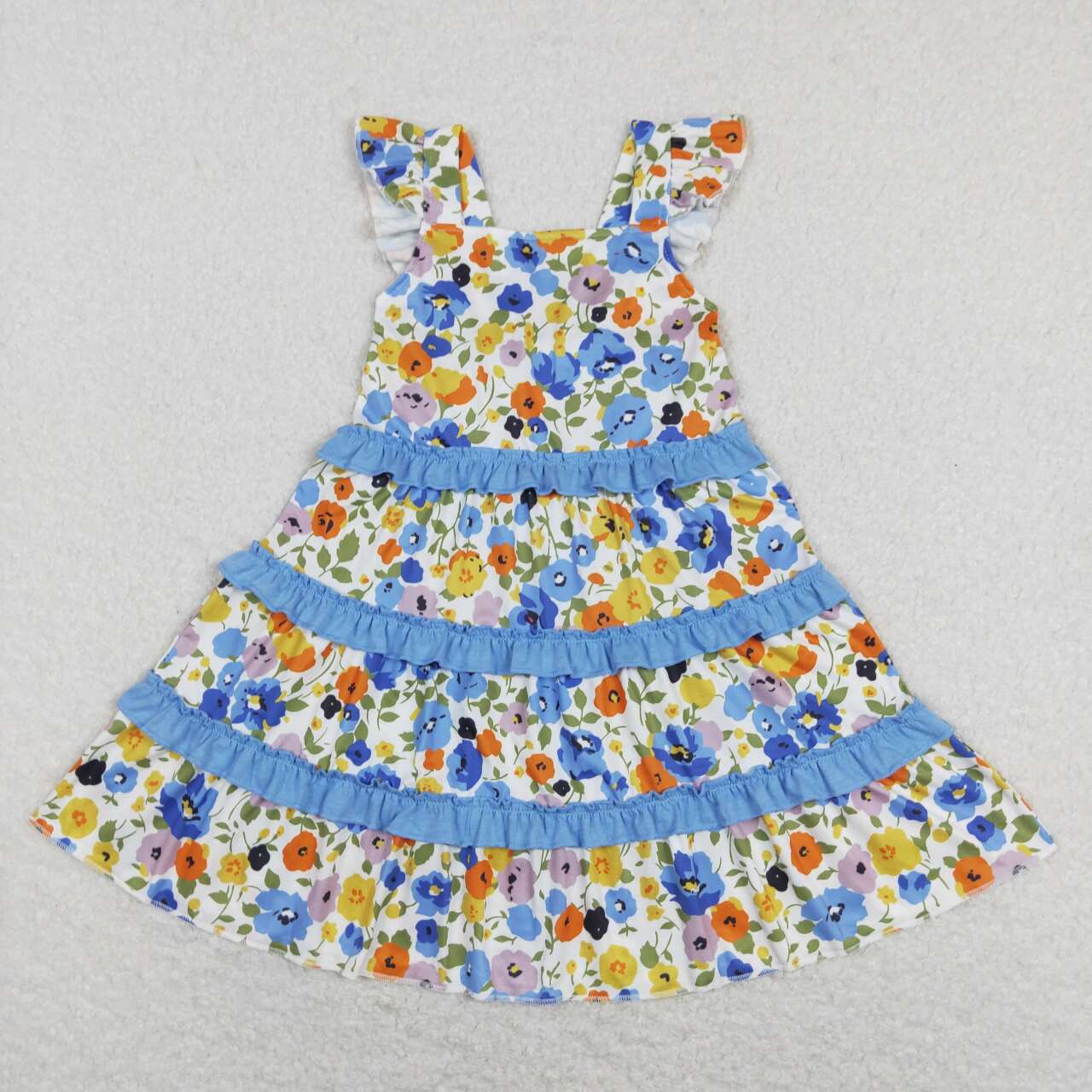 GSD0682 Blue Flowers Print Girls Summer Knee Length Dress