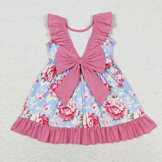 GSD0723 Pink Flowers Print Girls Summer Knee Length Dress