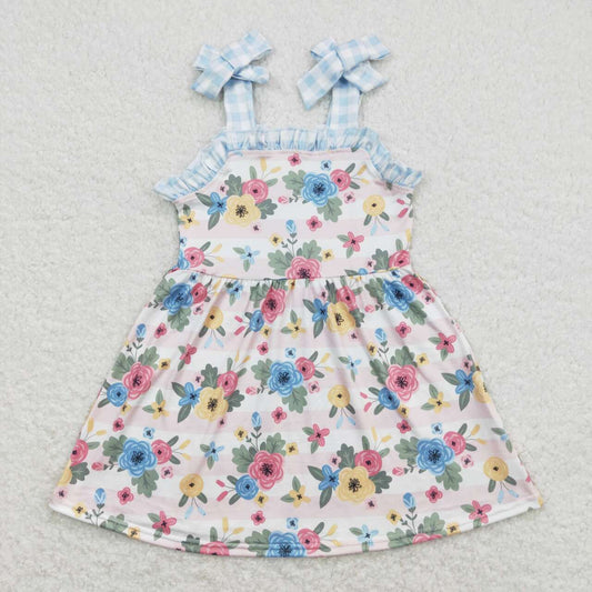 GSD0803 Flowers Print Girls Summer Knee Length Strap Dress