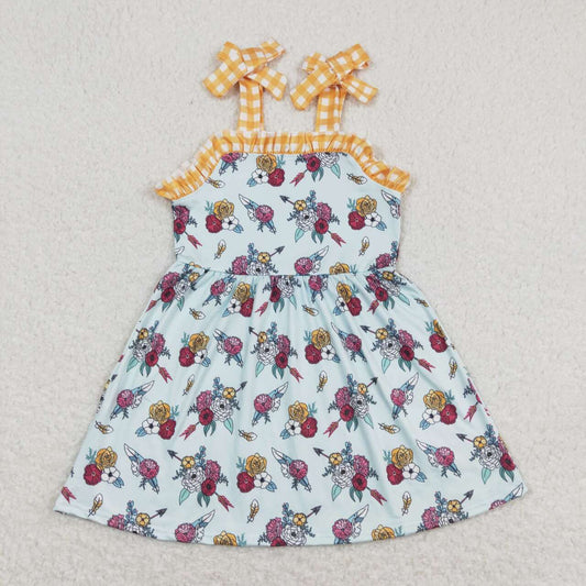 GSD0824 Flowers Print Girls Summer Knee Length Strap Dress