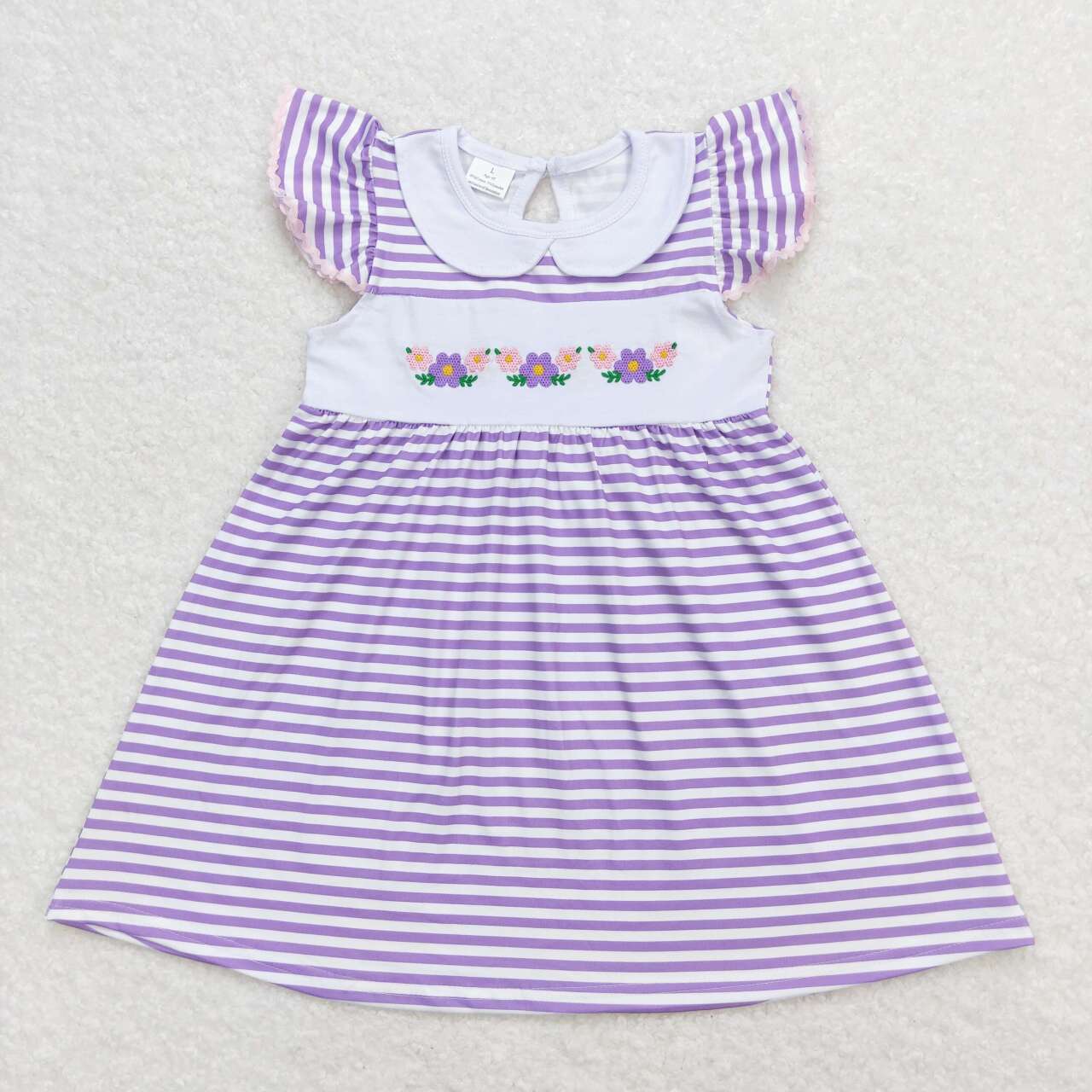 GSD0836 Flowers Embroidery Purple Stripes Girls Summer Knee Length Dress