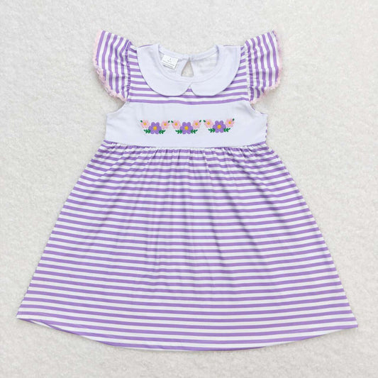 GSD0836 Flowers Embroidery Purple Stripes Girls Summer Knee Length Dress