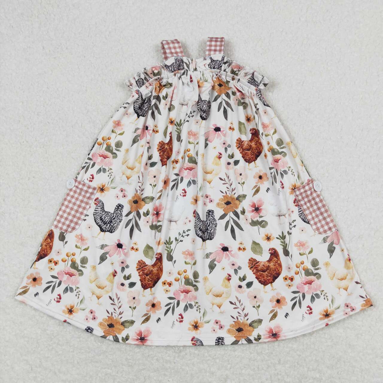 GSD0841 Chicken Flowers Print Pockets Girls Summer Knee Length Dress