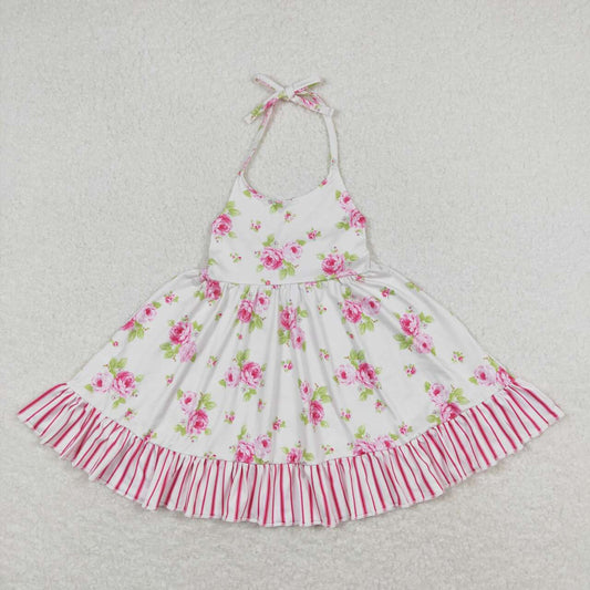 GSD0859 Flowers Print Girls Summer Knee Length Strap Dress