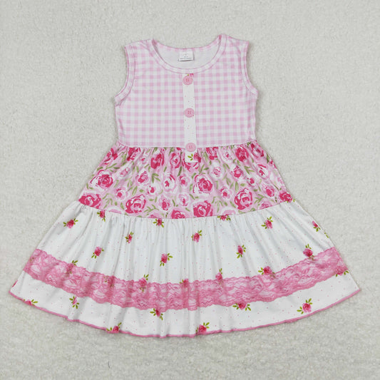 GSD0860 Pink Flowers Print Girls Summer Knee Length Dress