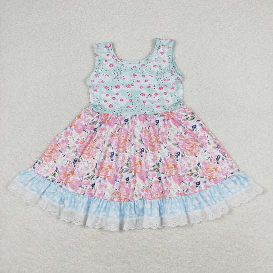 GSD0861 Pink Flowers Print Ruffles Girls Summer Knee Length Dress