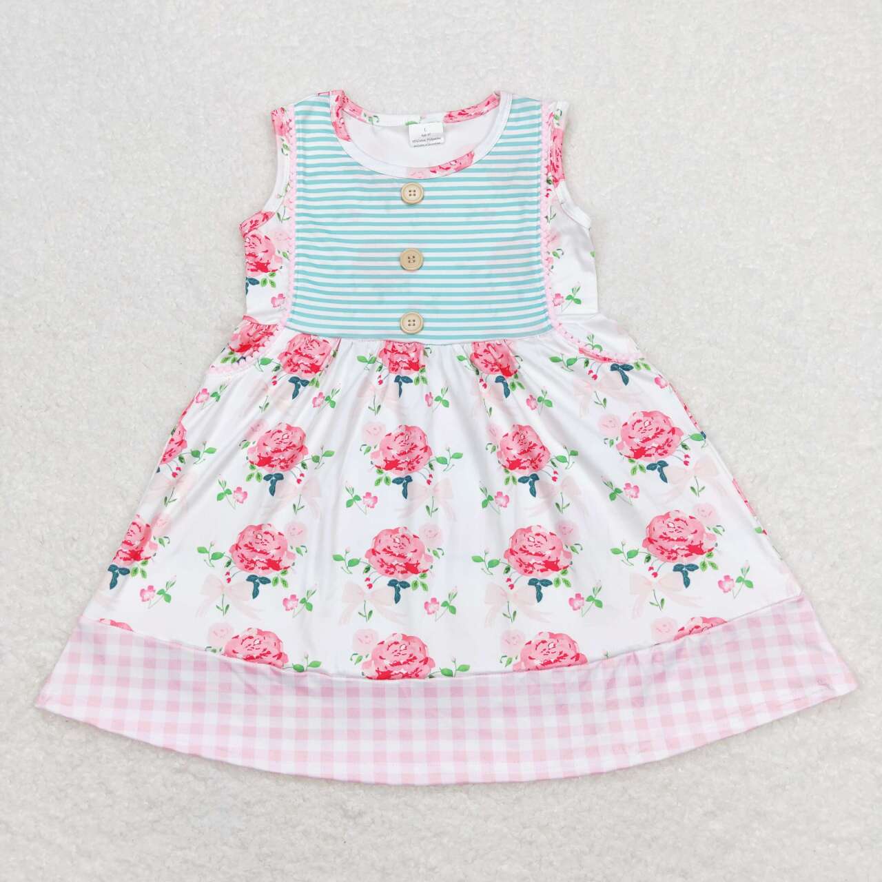 GSD0886 Flowers Print Pockets Buttons Girls Summer Knee Length Dress