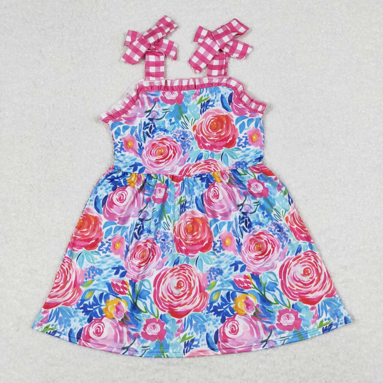 GSD0895 Flowers Print Girls Summer Knee Length Strap Dress